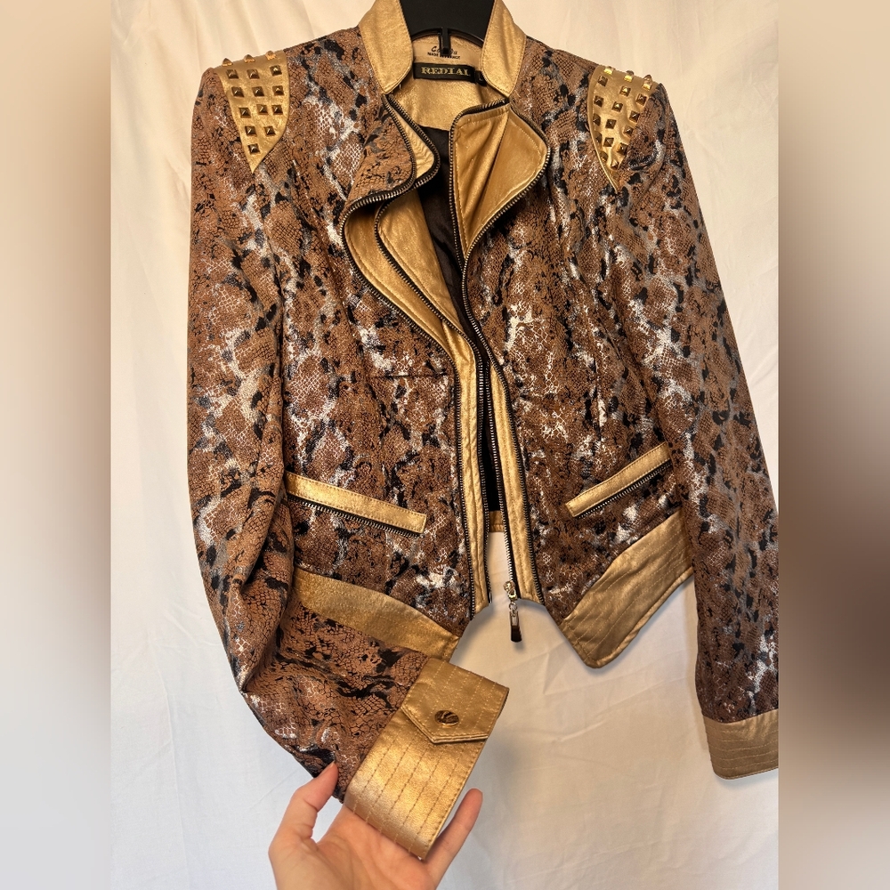 Animal Print Brown and Gold Studded Leather Jacket - Picture 2 of 8